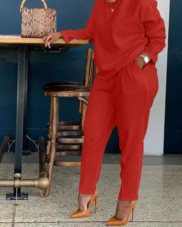 Print long sleeve top pocket design pants set