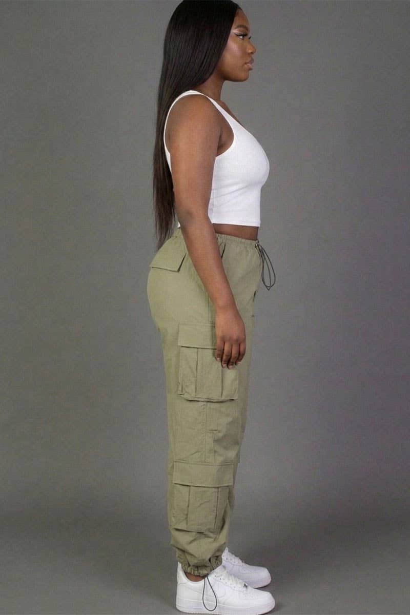 Plus Size Flap Pockets Drawstring Ruched Parachute Pants