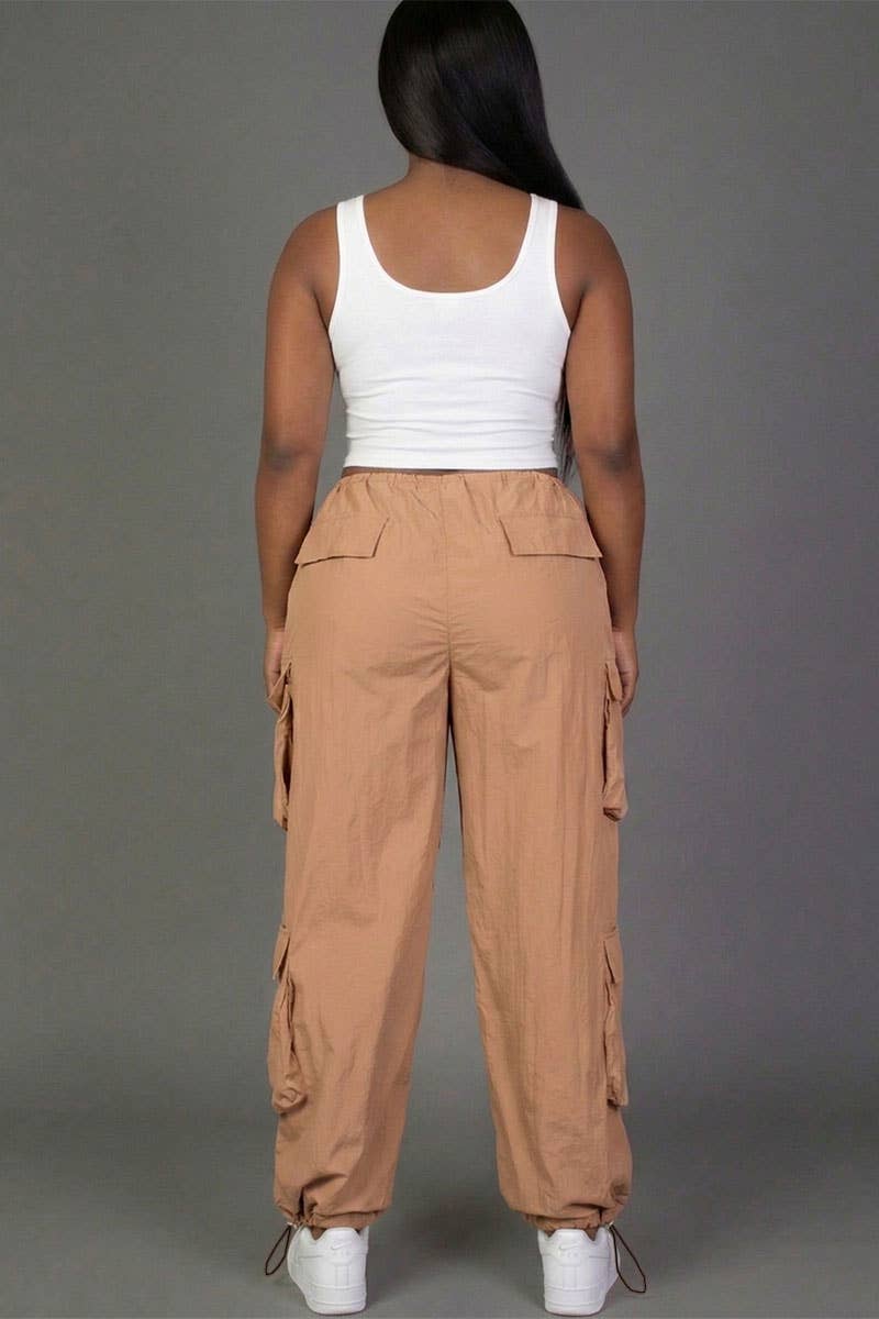 Plus Size Flap Pockets Drawstring Ruched Parachute Pants