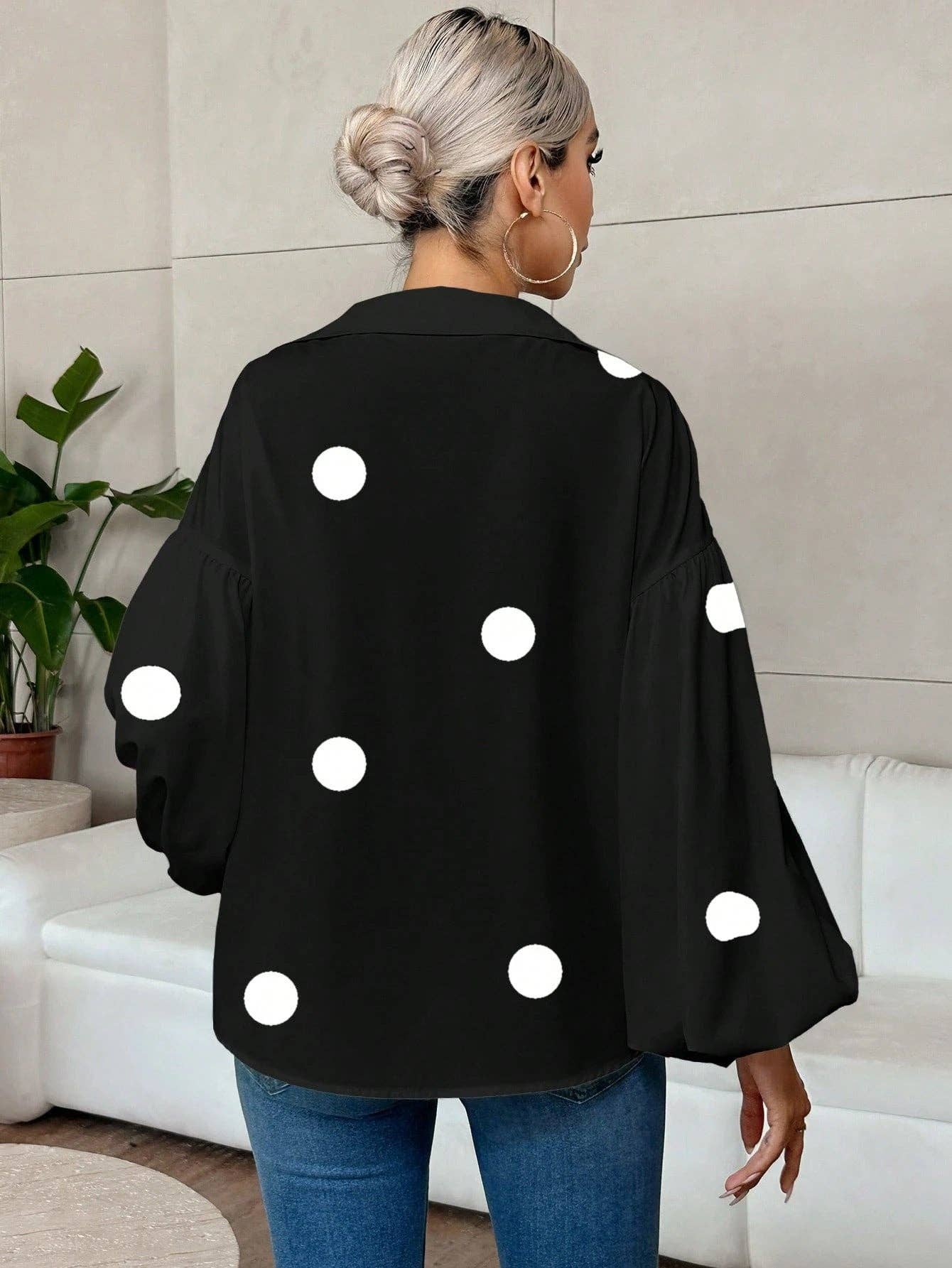 Polka Dot Lantern Sleeve Blouse with Half Button Collar
