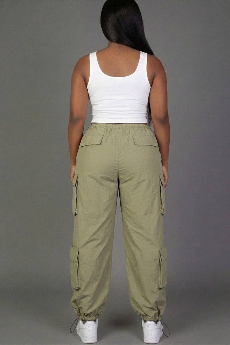 Plus Size Flap Pockets Drawstring Ruched Parachute Pants