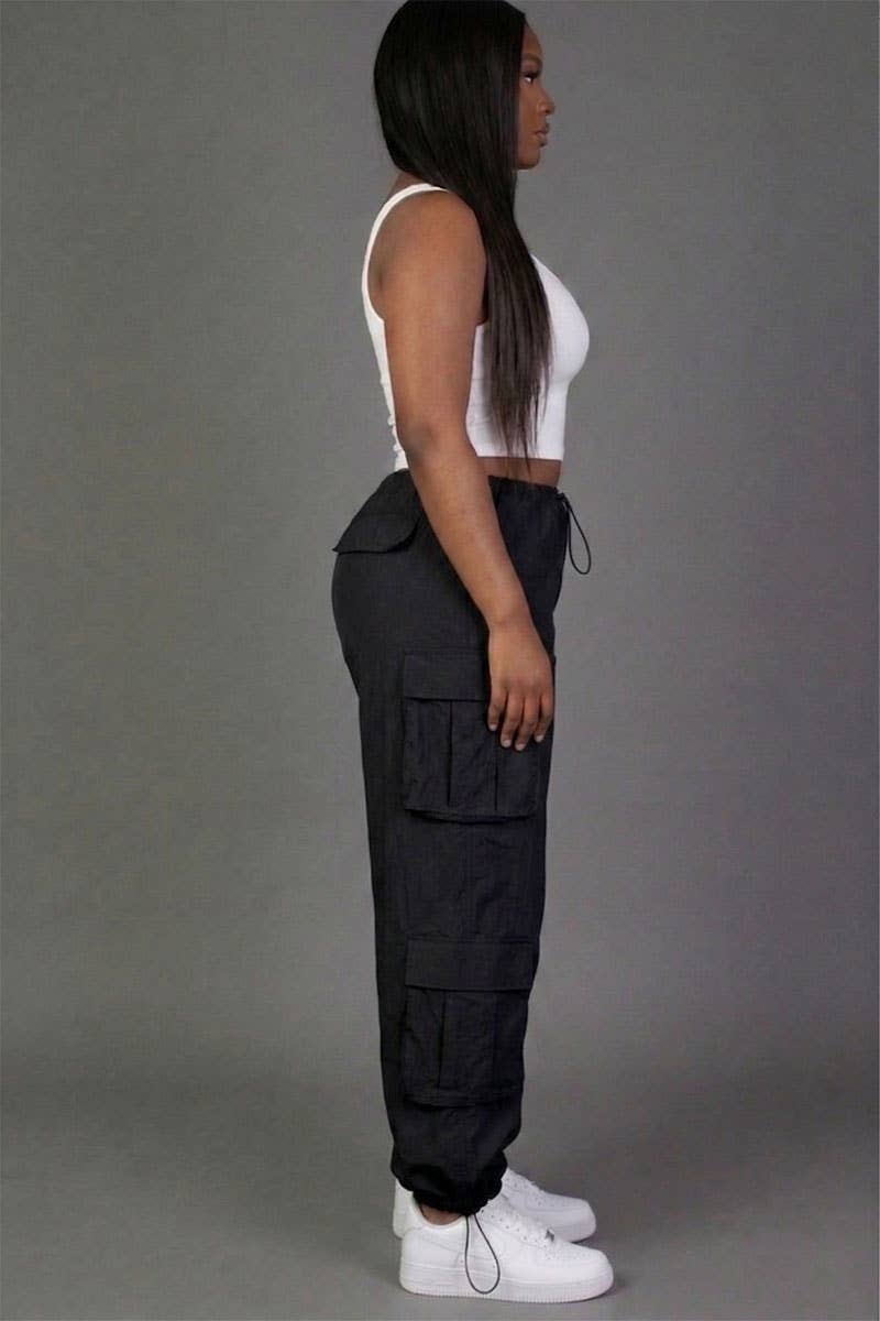 Plus Size Flap Pockets Drawstring Ruched Parachute Pants