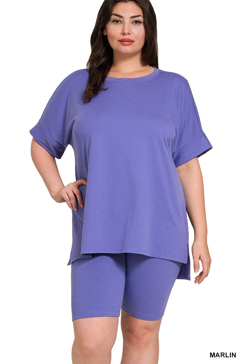 `Plus Microfiber Top & Biker Shorts 2pc Set - Zenana
