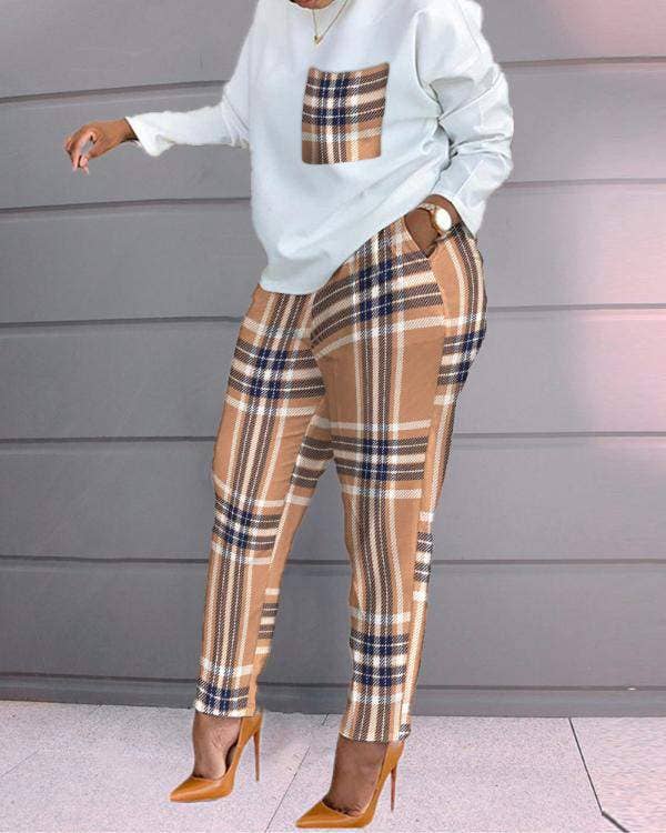 Print long sleeve top pocket design pants set