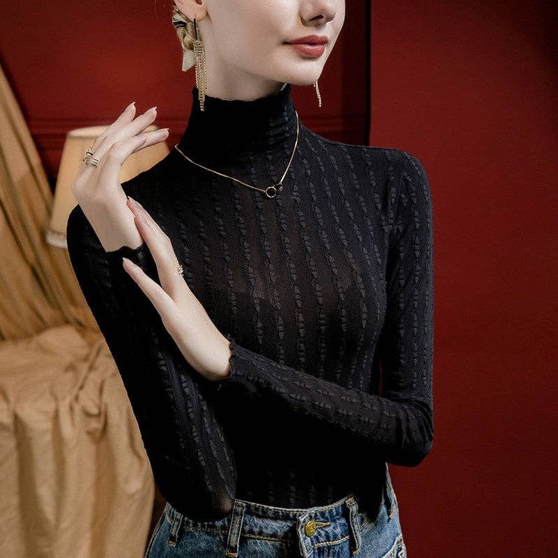 Black Slim Fit High Neck Striped Jacquard Lace Top