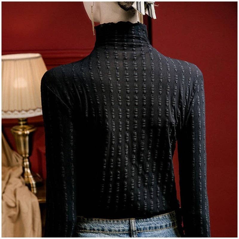 Black Slim Fit High Neck Striped Jacquard Lace Top