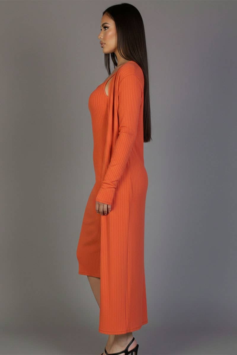 Ribbed Cardigan & Cami Midi Bodycon Dress
