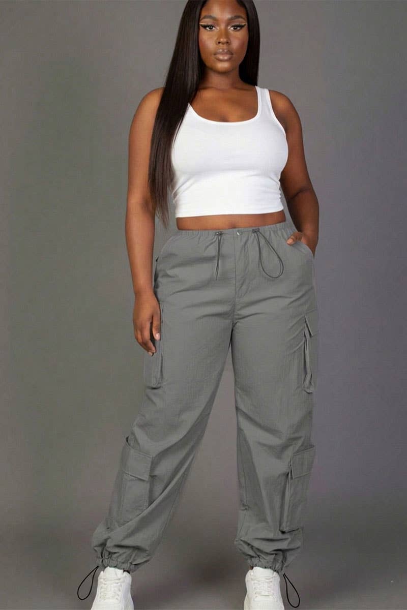 Plus Size Flap Pockets Drawstring Ruched Parachute Pants