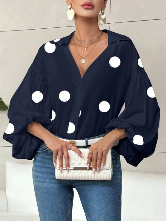 Polka Dot Lantern Sleeve Blouse with Half Button Collar