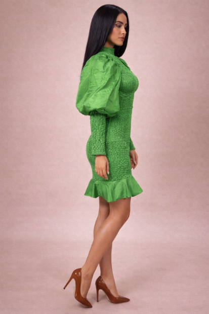Faux Silk  Emerald Smocked Puff Sleeve Mini Dress with Ruffle Hem
