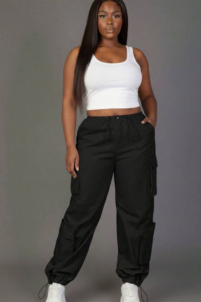 Plus Size Flap Pockets Drawstring Ruched Parachute Pants