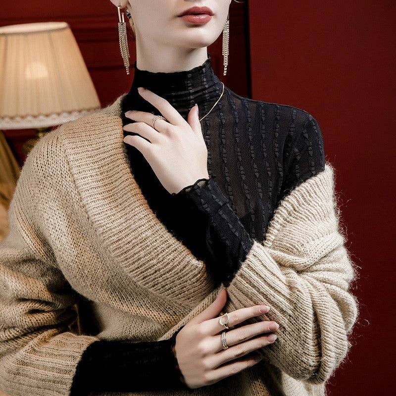 Black Slim Fit High Neck Striped Jacquard Lace Top