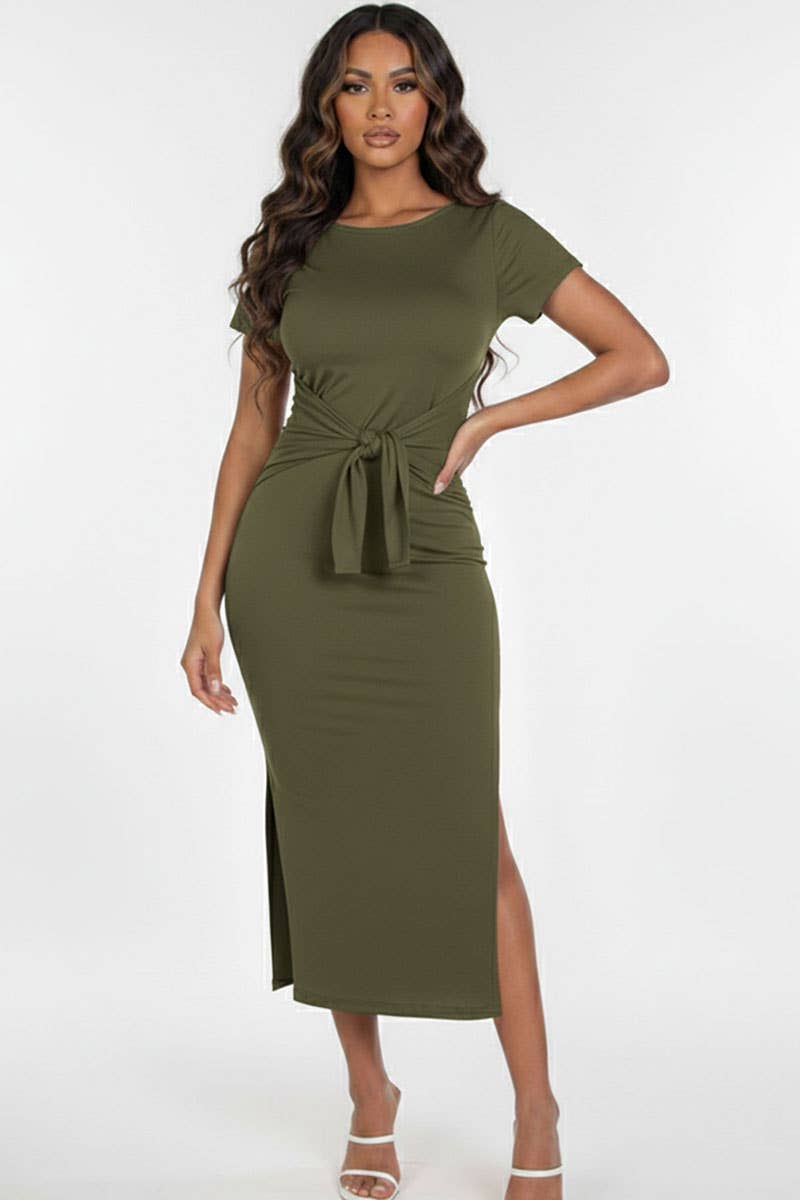 Tie Front Short Sleeve Side Slit Dress