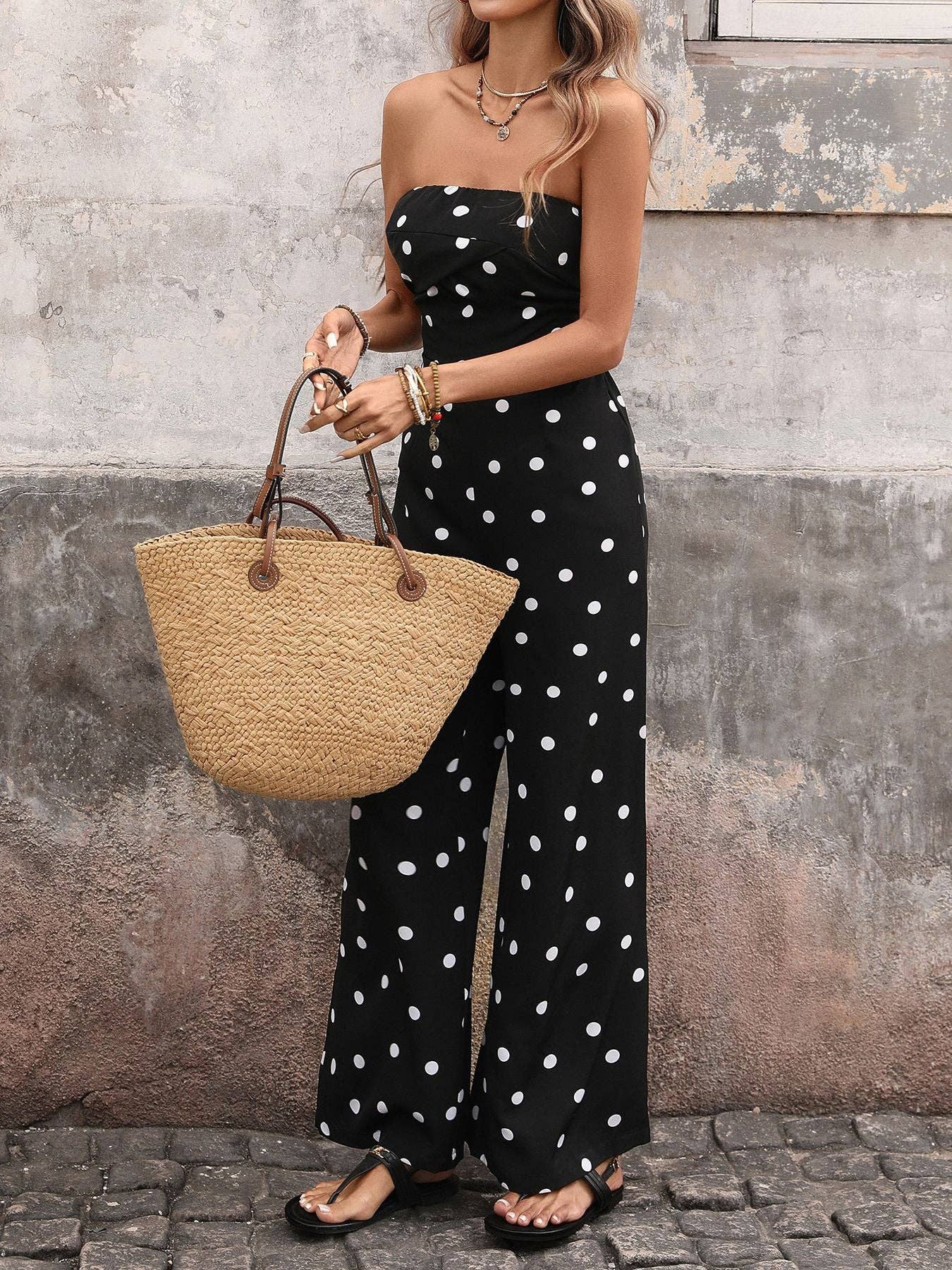 Polka Dot Strapless Wide Leg Jumpsuit Summer Outfit