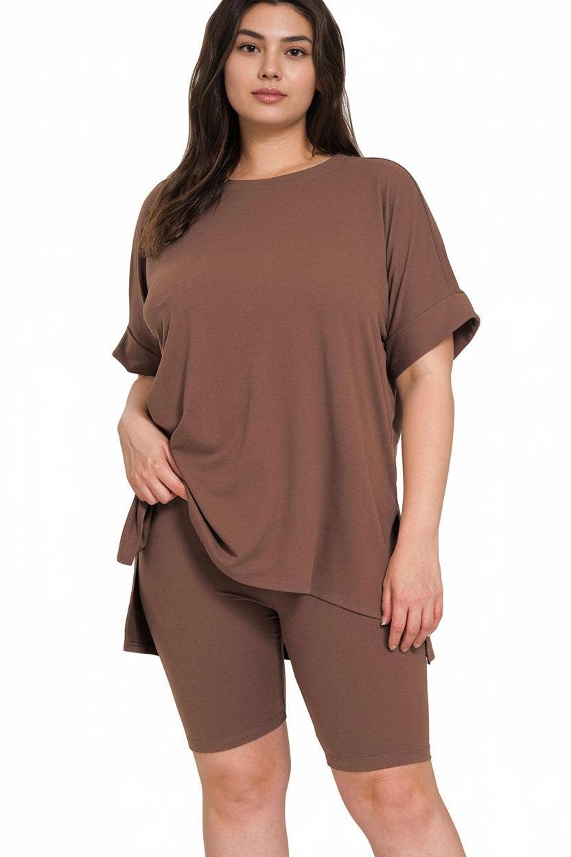 `Plus Microfiber Top & Biker Shorts 2pc Set - Zenana