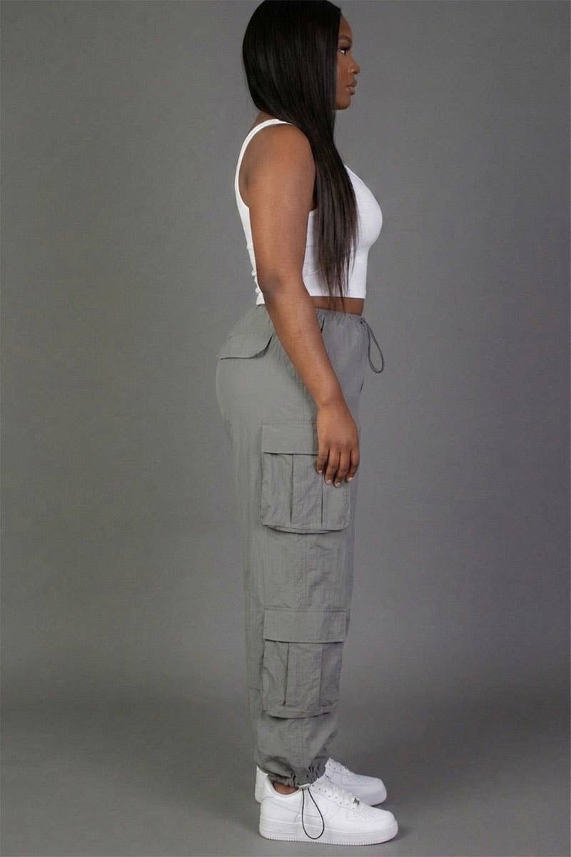 Plus Size Flap Pockets Drawstring Ruched Parachute Pants