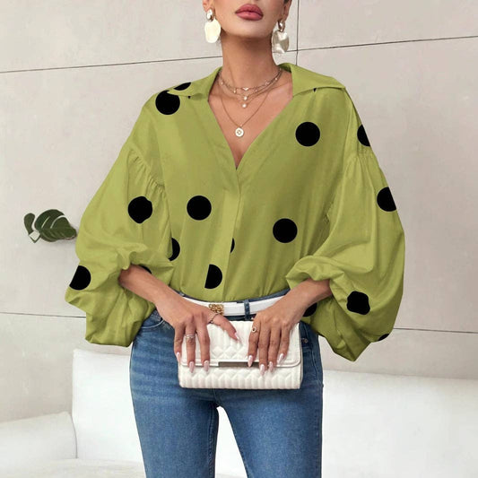 Polka Dot Lantern Sleeve Blouse with Half Button Collar