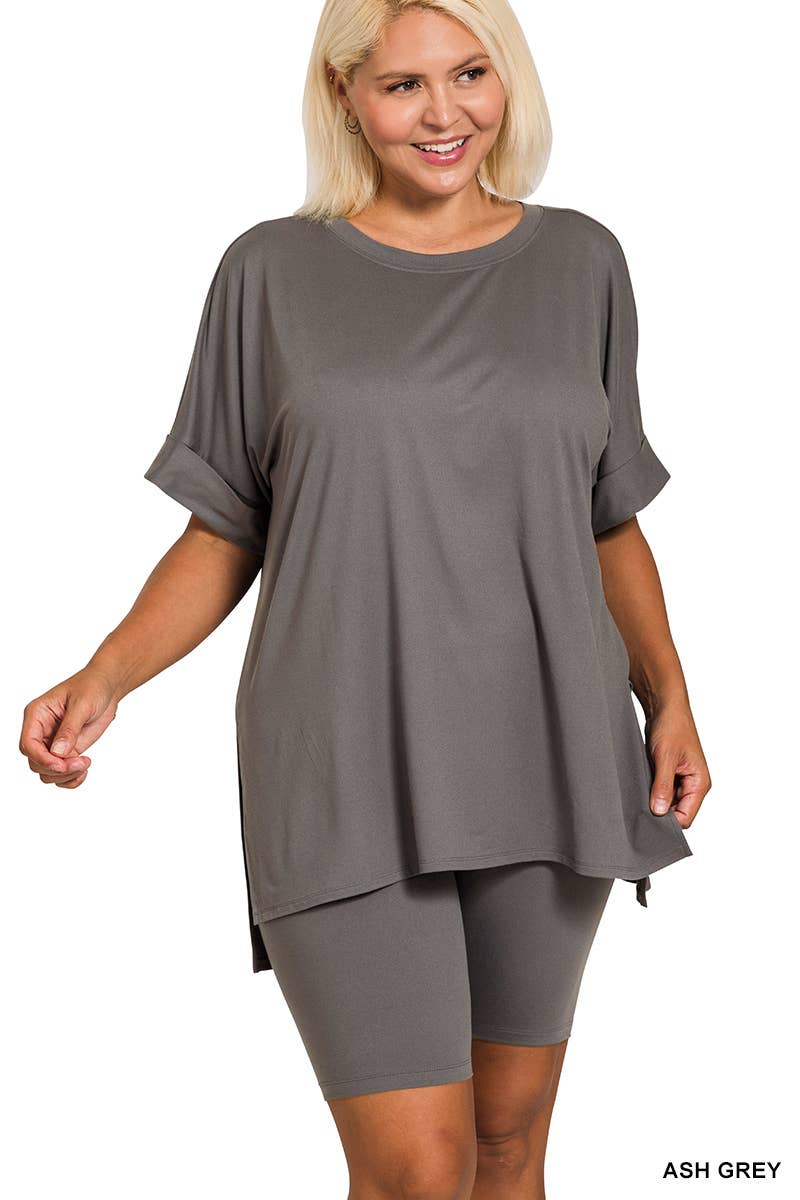 `Plus Microfiber Top & Biker Shorts 2pc Set - Zenana
