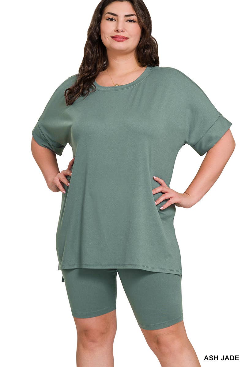 `Plus Microfiber Top & Biker Shorts 2pc Set - Zenana