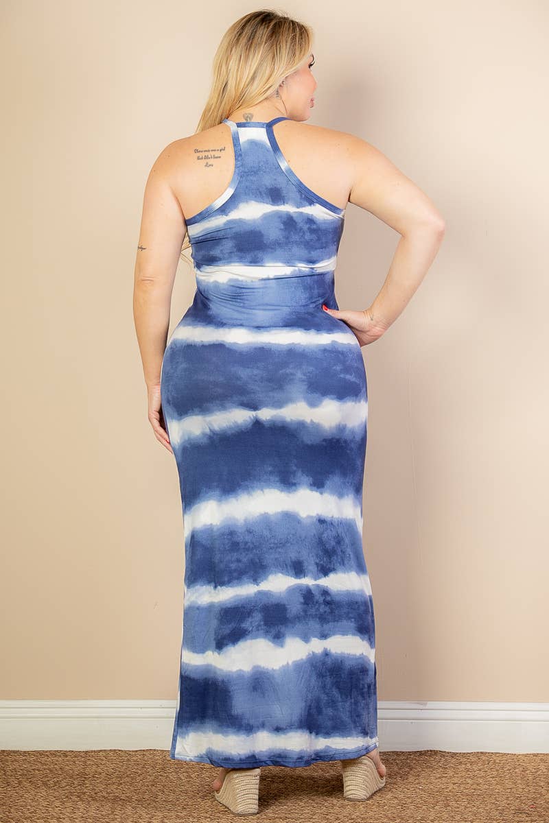 Plus Size Stripe Tie-Dye Printed Maxi Dress