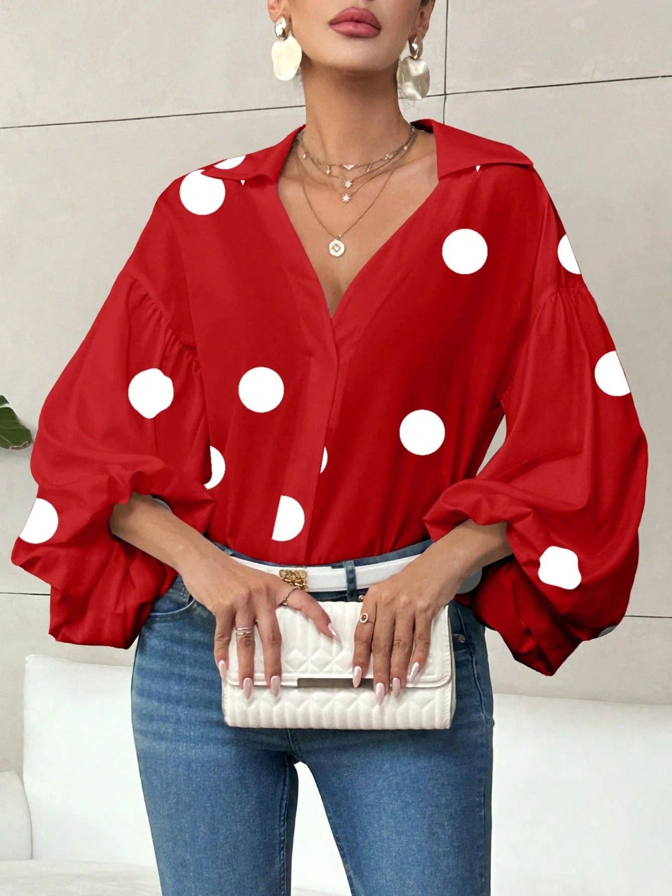 Polka Dot Lantern Sleeve Blouse with Half Button Collar