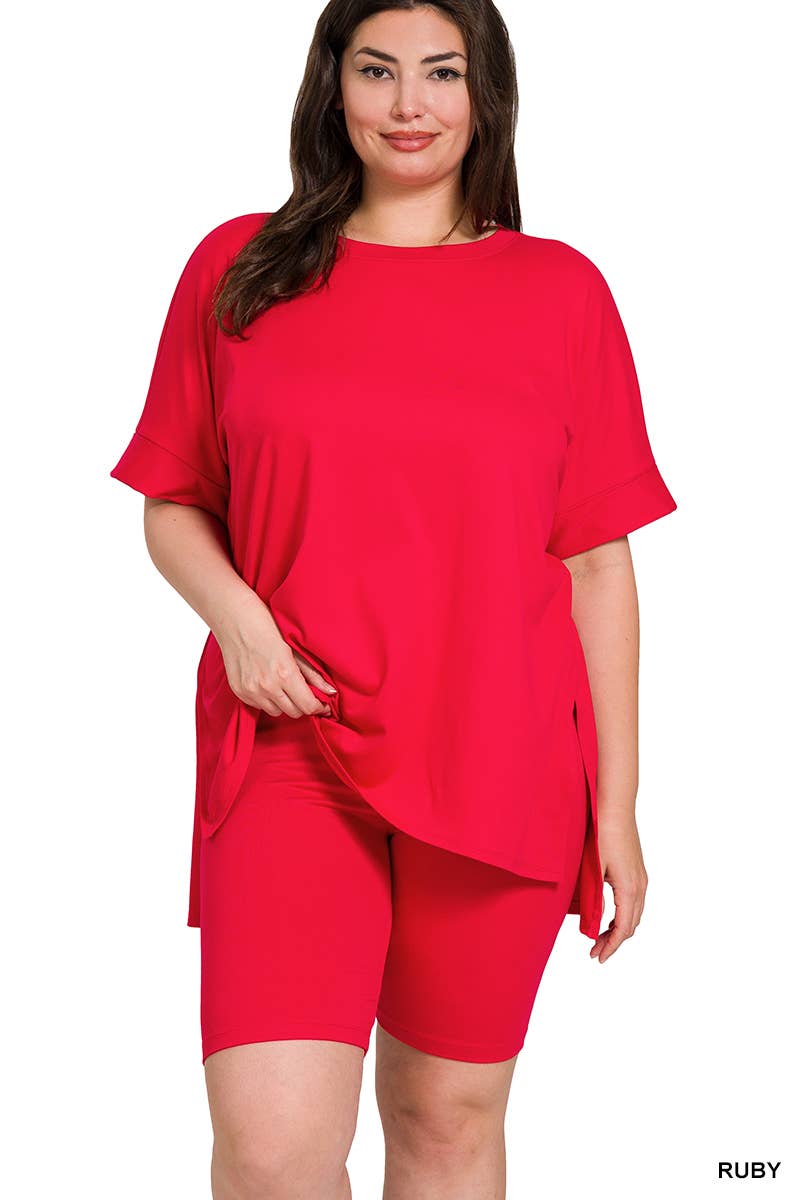 `Plus Microfiber Top & Biker Shorts 2pc Set - Zenana