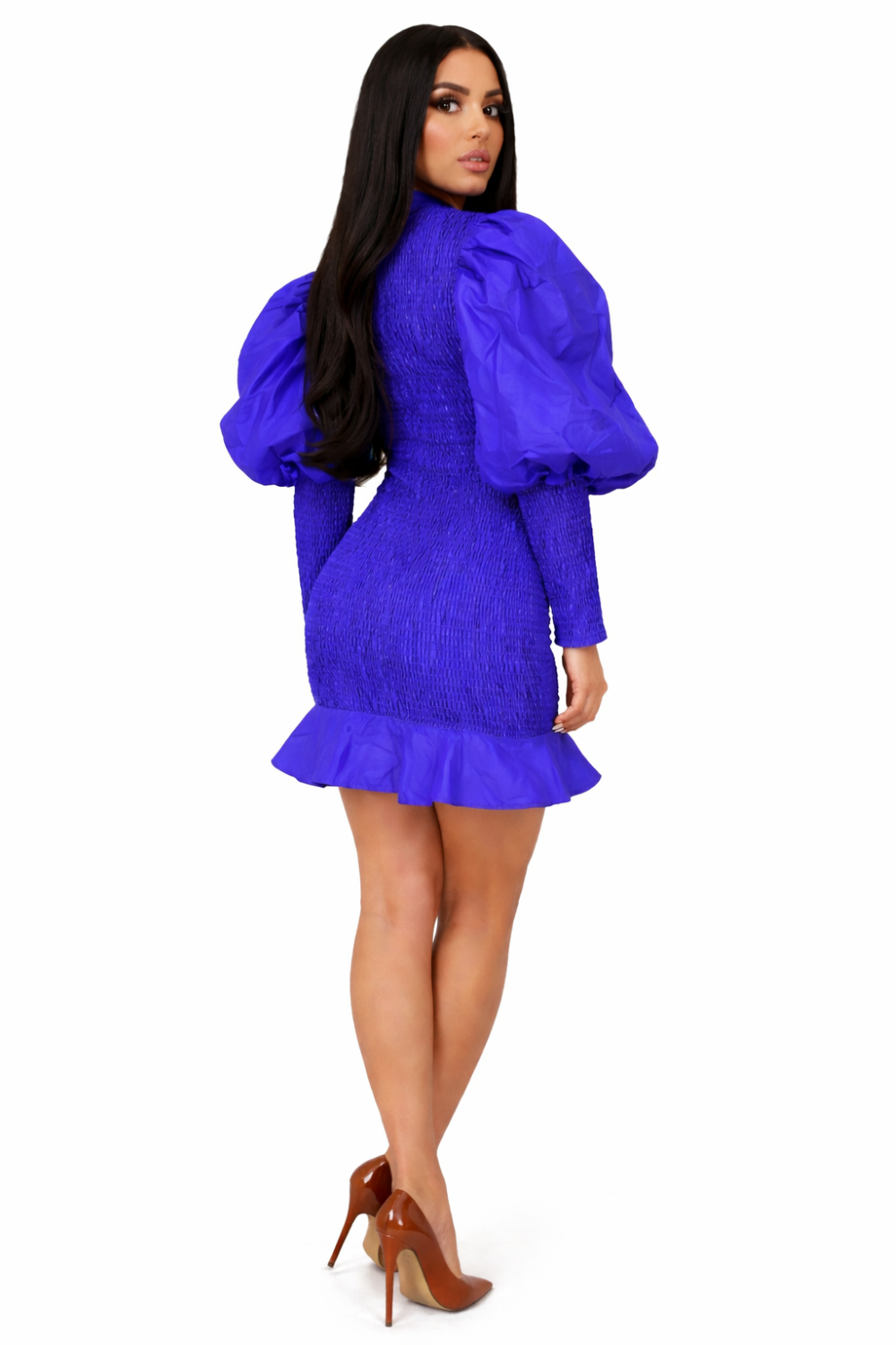 Faux Silk  Emerald Smocked Puff Sleeve Mini Dress with Ruffle Hem