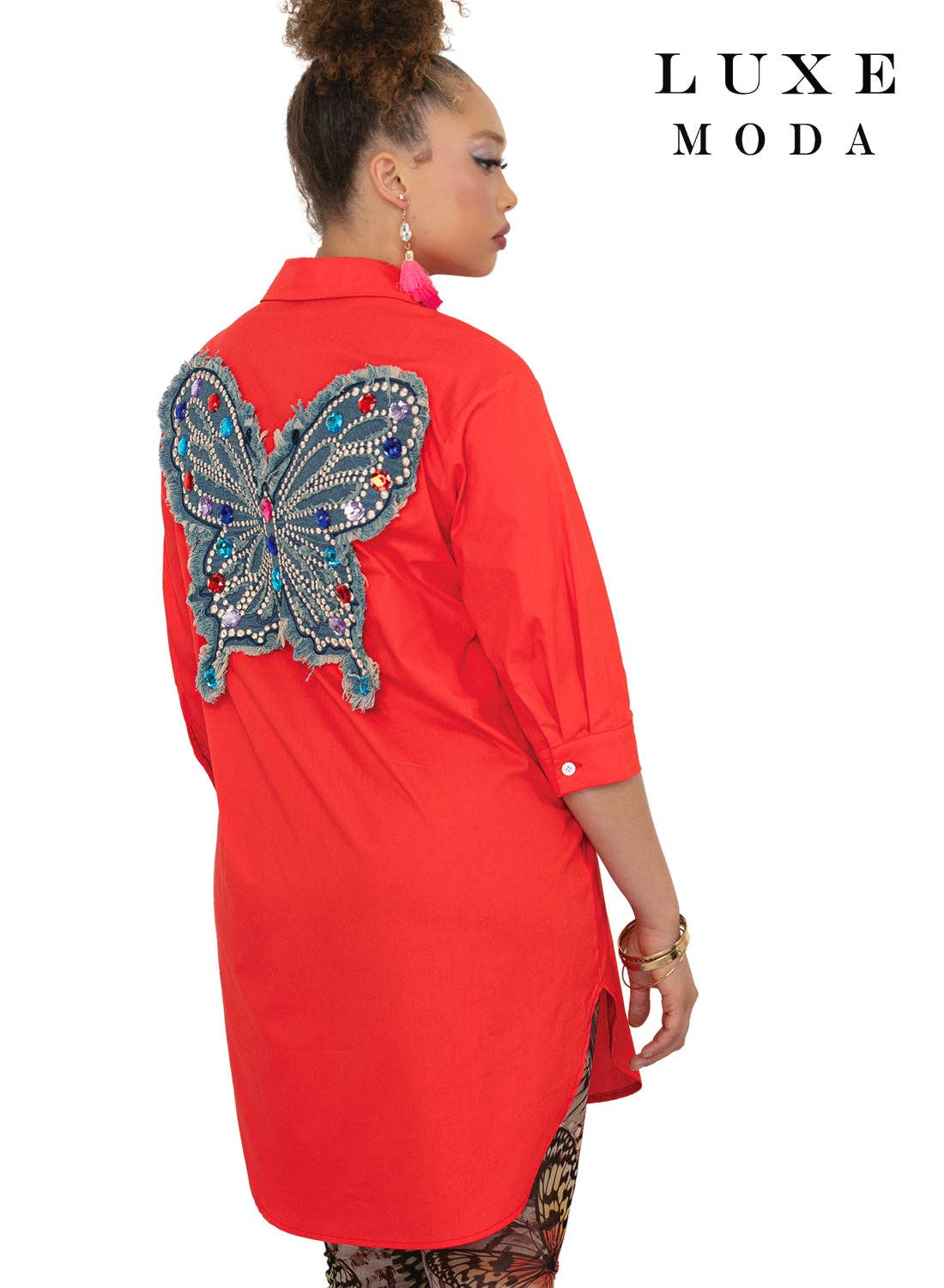 Jeweled Butterfly Statement Shirt Dress
