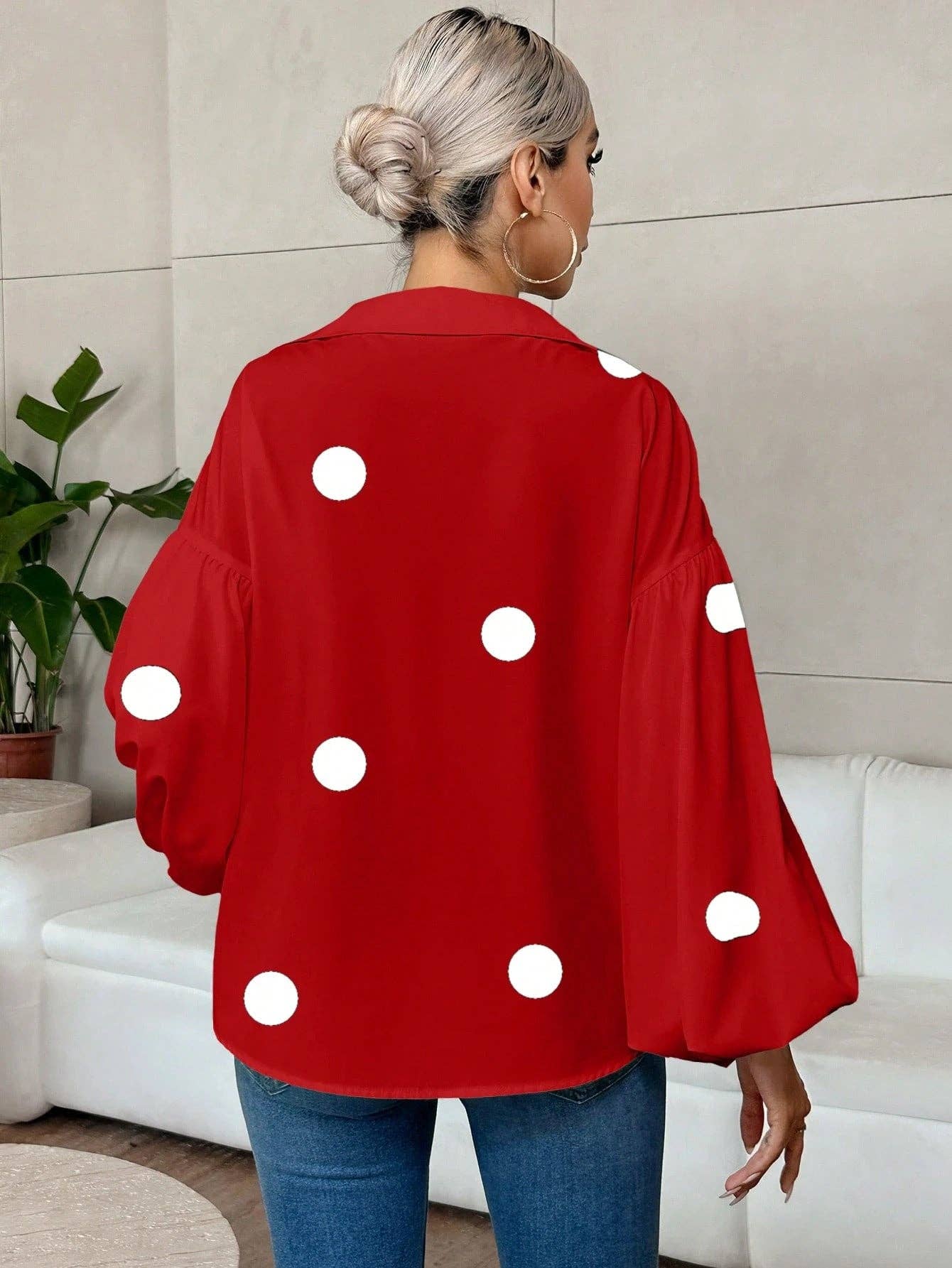 Polka Dot Lantern Sleeve Blouse with Half Button Collar