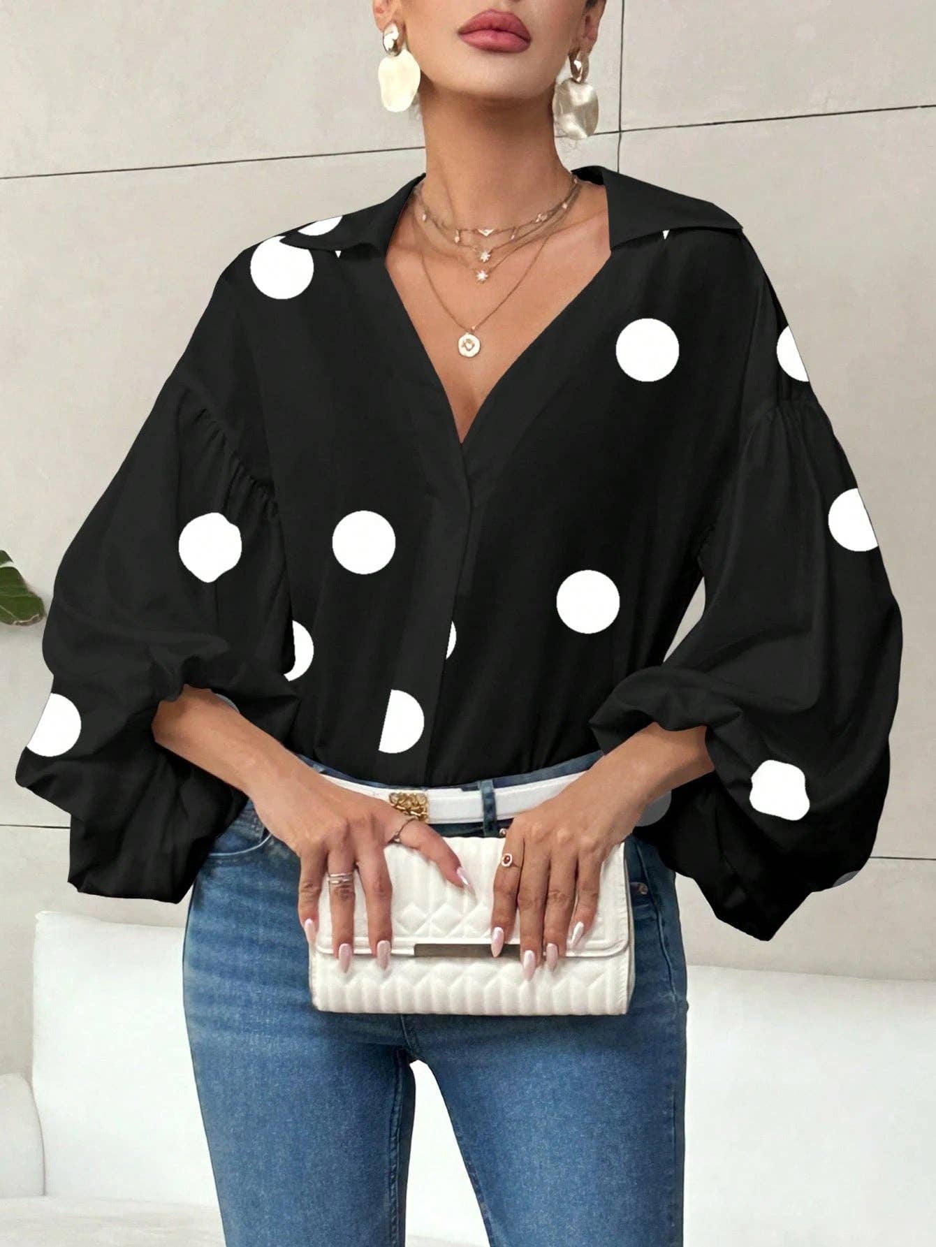 Polka Dot Lantern Sleeve Blouse with Half Button Collar
