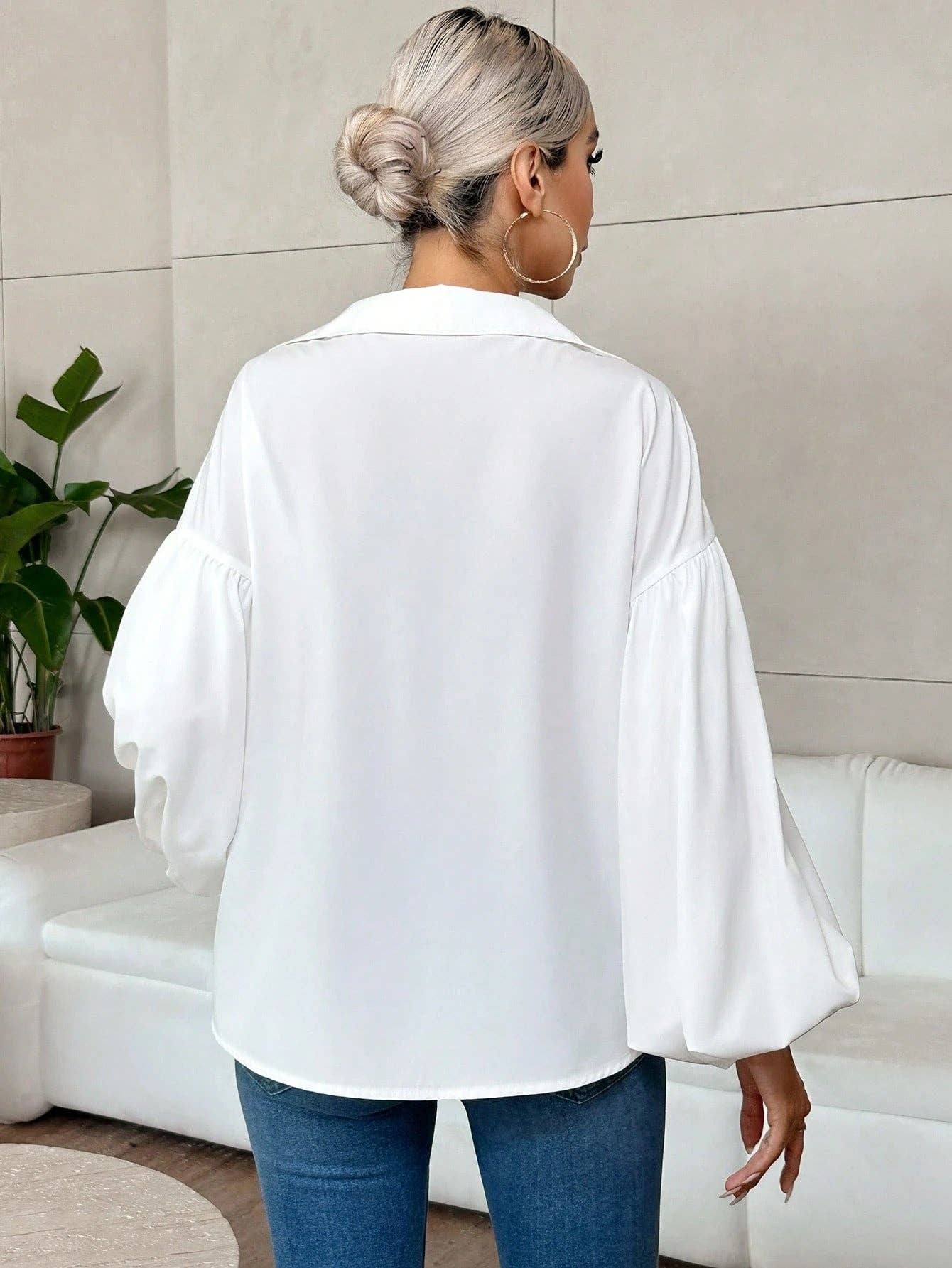 Lantern Sleeve V Neck Blouse Elegant Casual Top