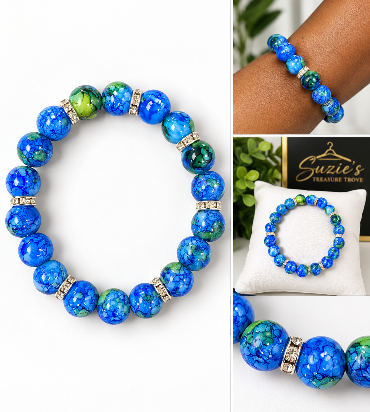 Blue & Green Marble Beaded Stretch Bracelet