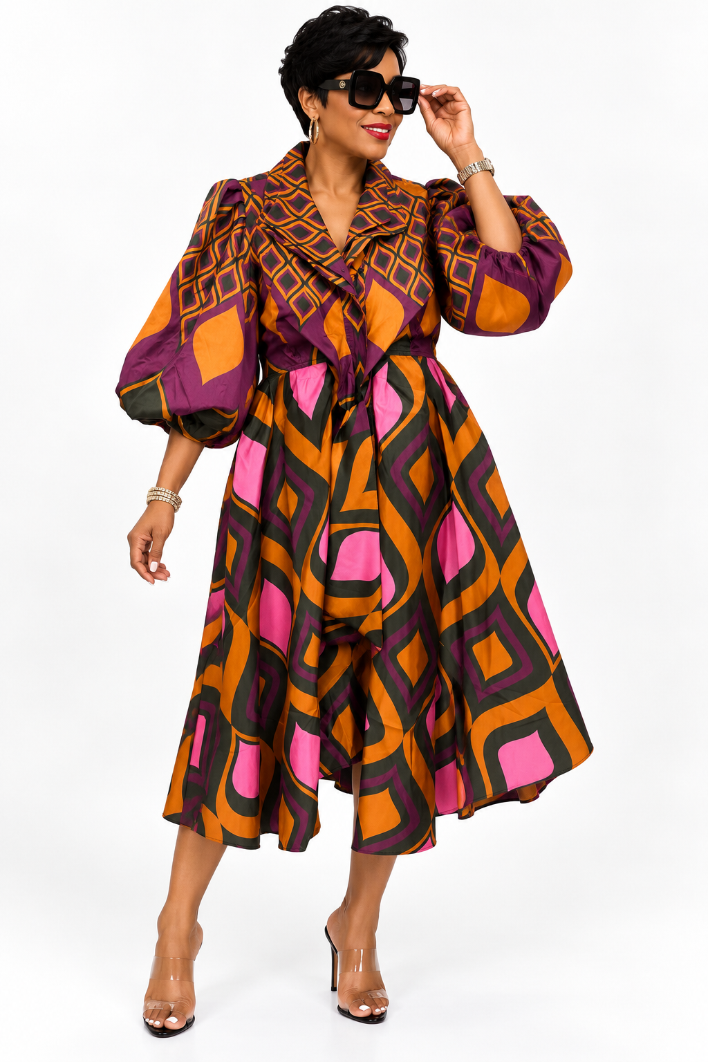 Samuel Dong Statement Print Midi Dress