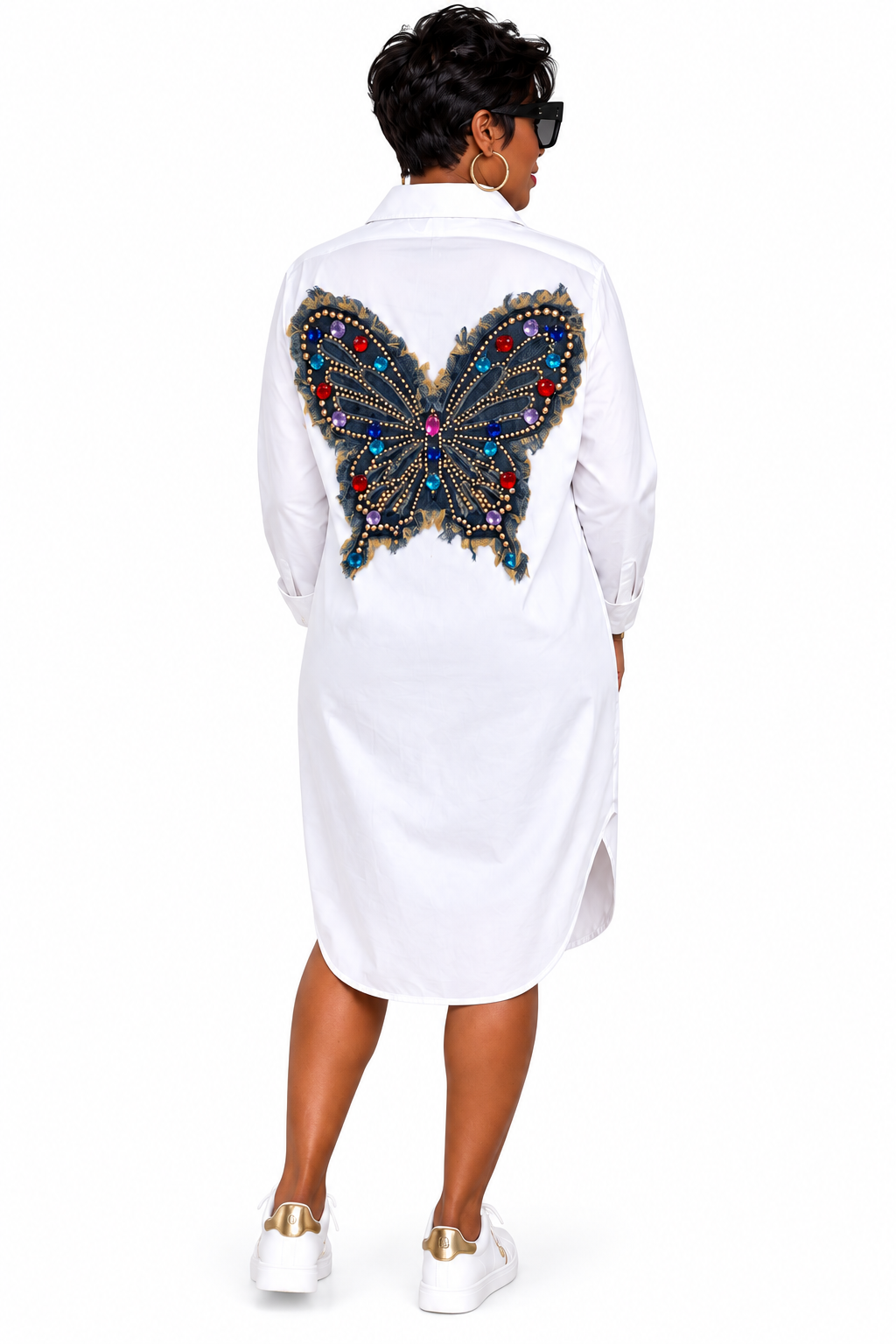 Jeweled Butterfly Statement Shirt Dress