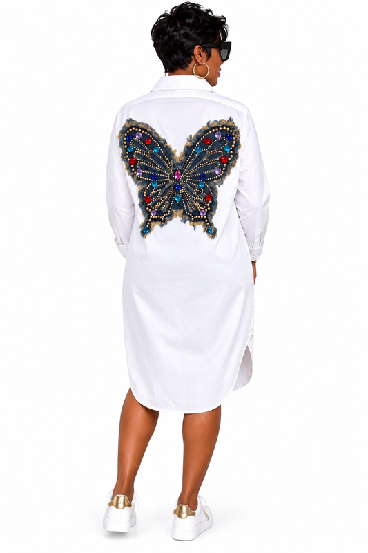 Jeweled Butterfly Statement Shirt Dress
