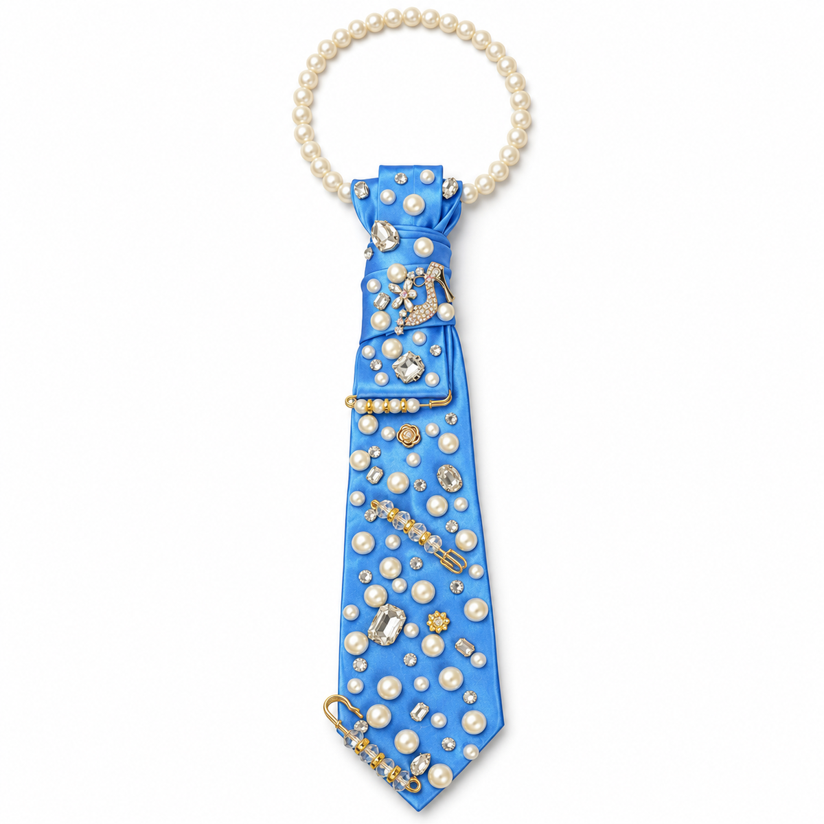 Blue Elegance Pearl & Rhinestone Statement Tie