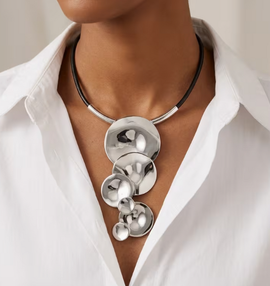 Sculptural Silver Disc Statement Necklace