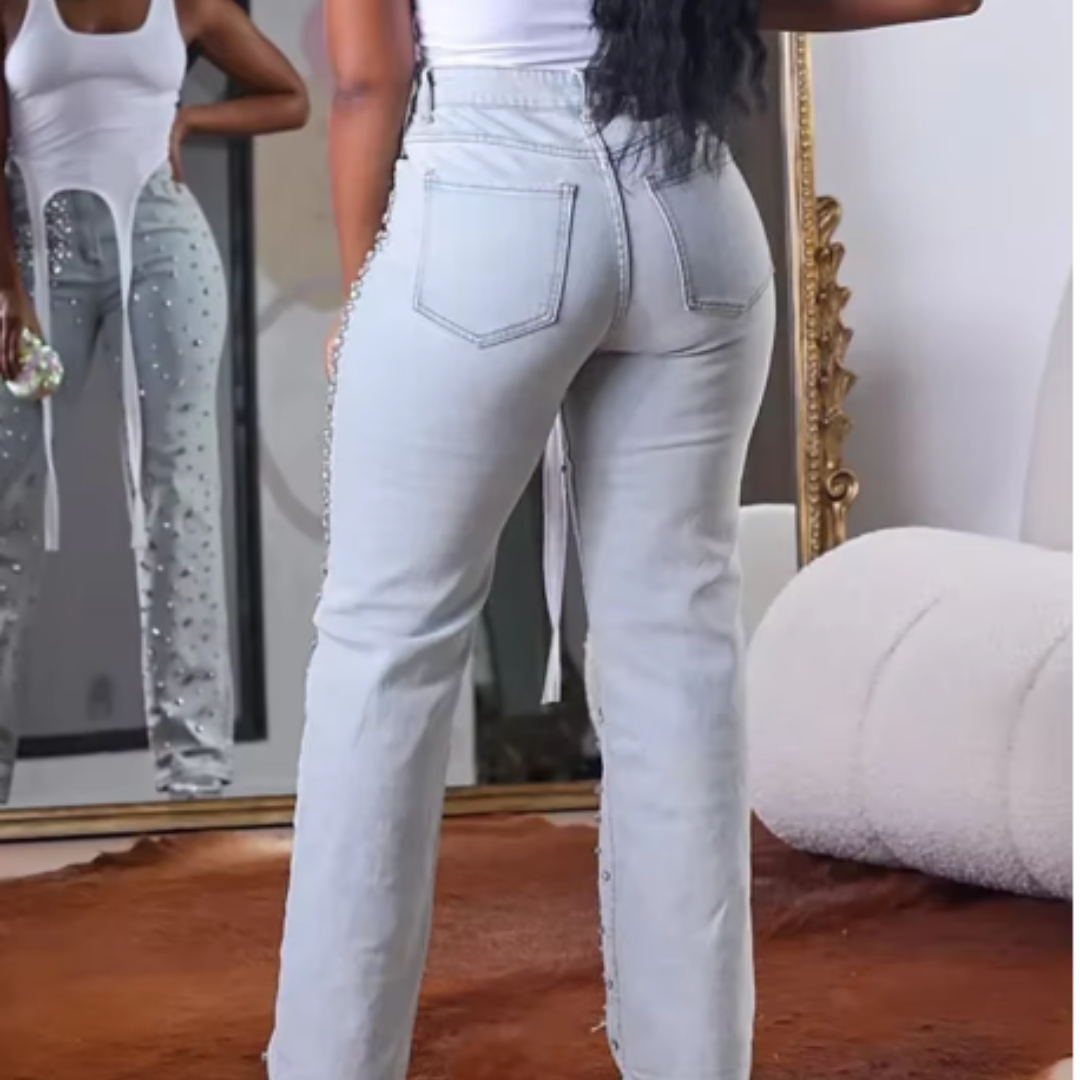 High Waist Jeans with Beading