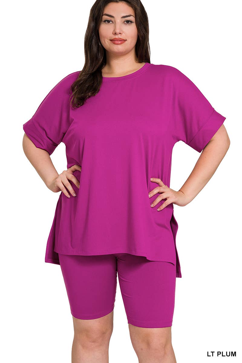 `Plus Microfiber Top & Biker Shorts 2pc Set - Zenana