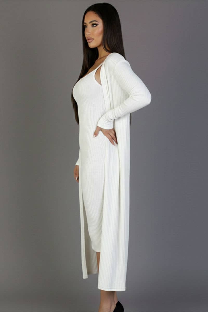Ribbed Cardigan & Cami Midi Bodycon Dress