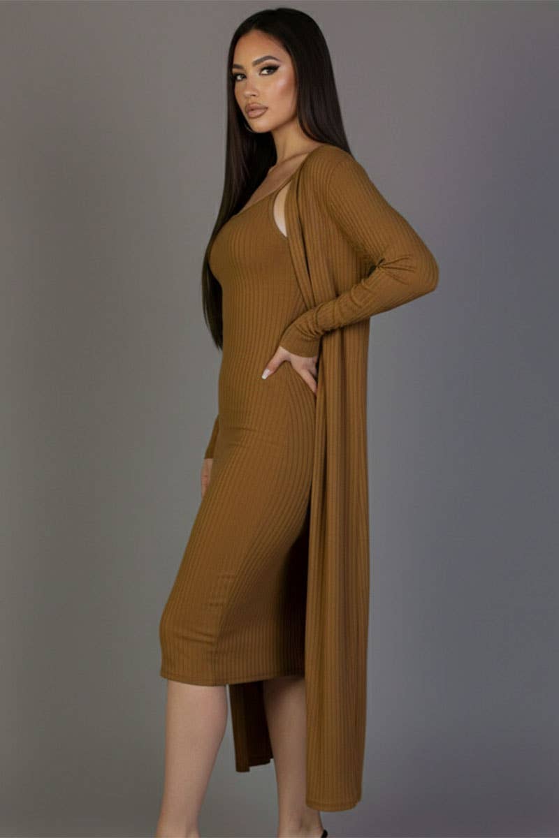 Ribbed Cardigan & Cami Midi Bodycon Dress