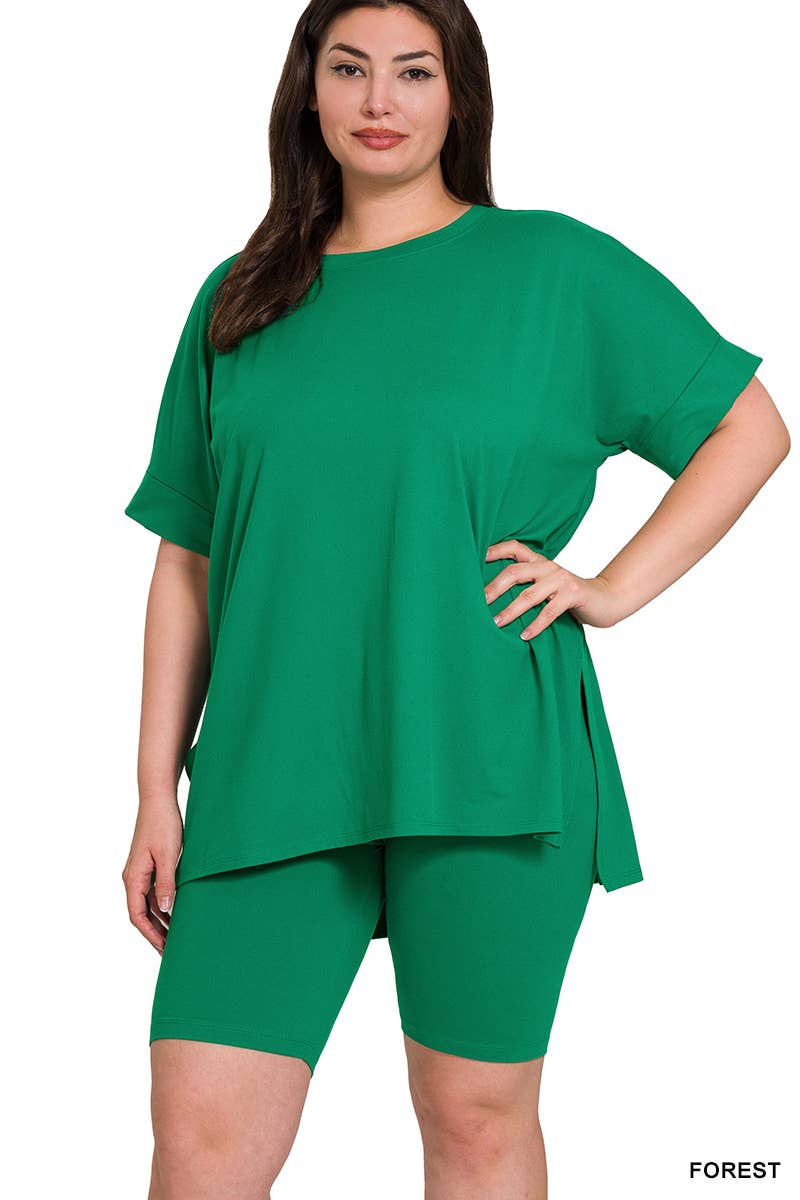 `Plus Microfiber Top & Biker Shorts 2pc Set - Zenana