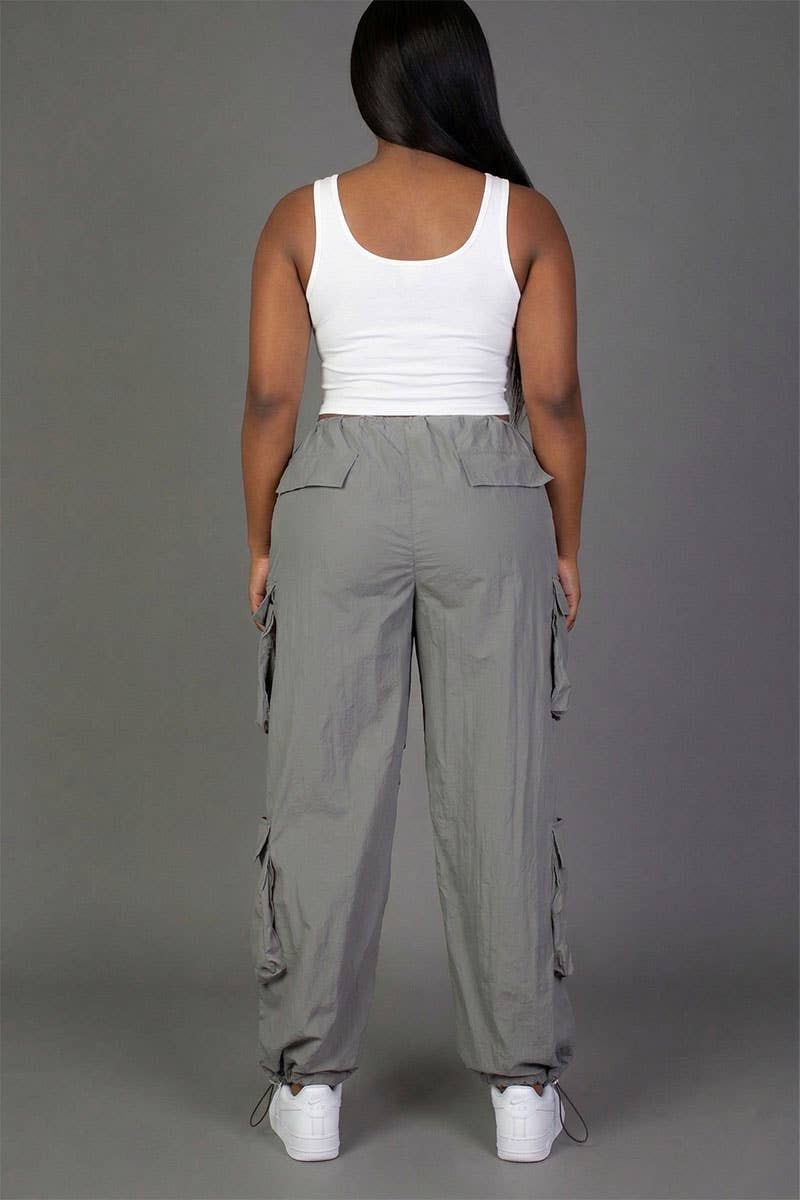 Plus Size Flap Pockets Drawstring Ruched Parachute Pants