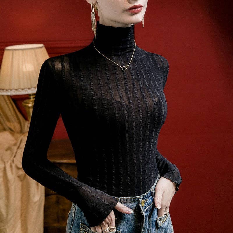 Black Slim Fit High Neck Striped Jacquard Lace Top
