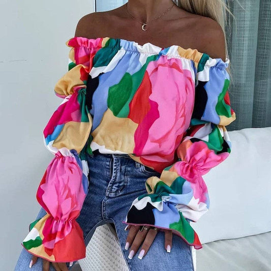 Printed One-Shoulder Loose-Fit Blouse
