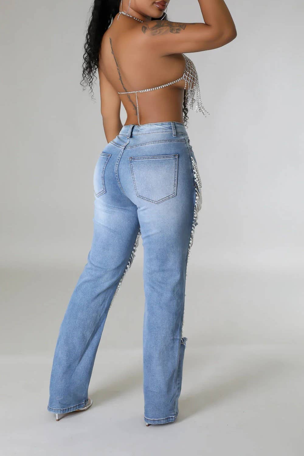 Pearl & Rhinestone Chain Ripped Cut Out Jeans
