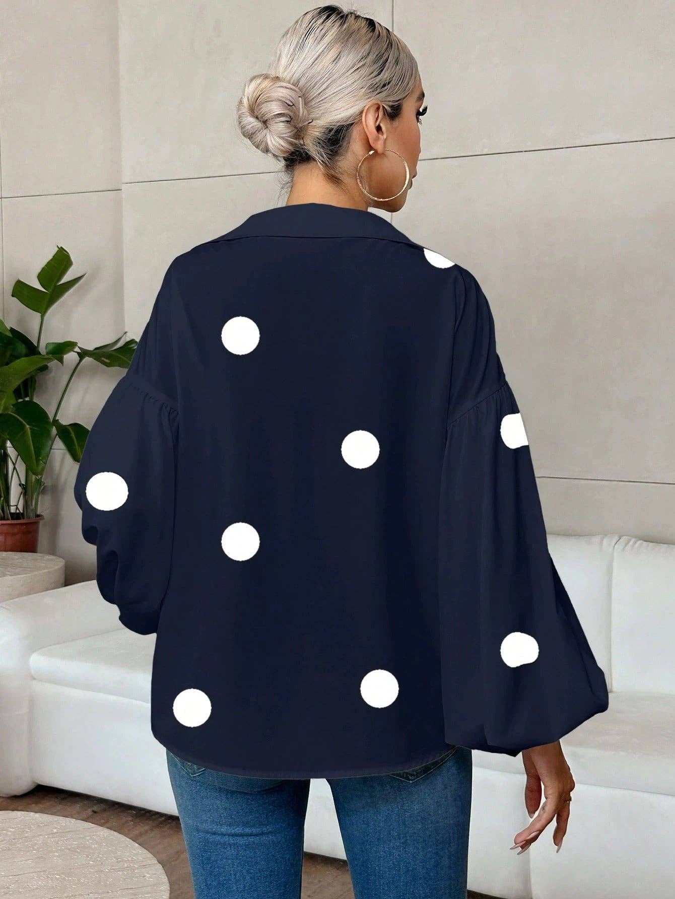 Polka Dot Lantern Sleeve Blouse with Half Button Collar