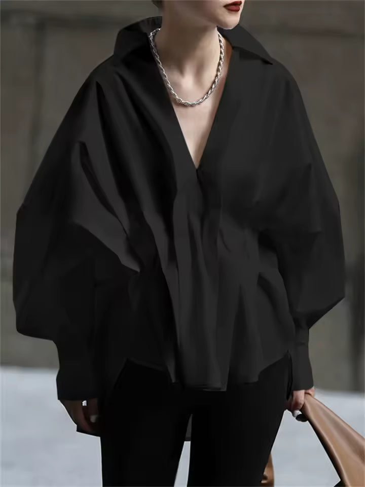 Long Sleeves Loose Pleated Lapel Collar Blouse