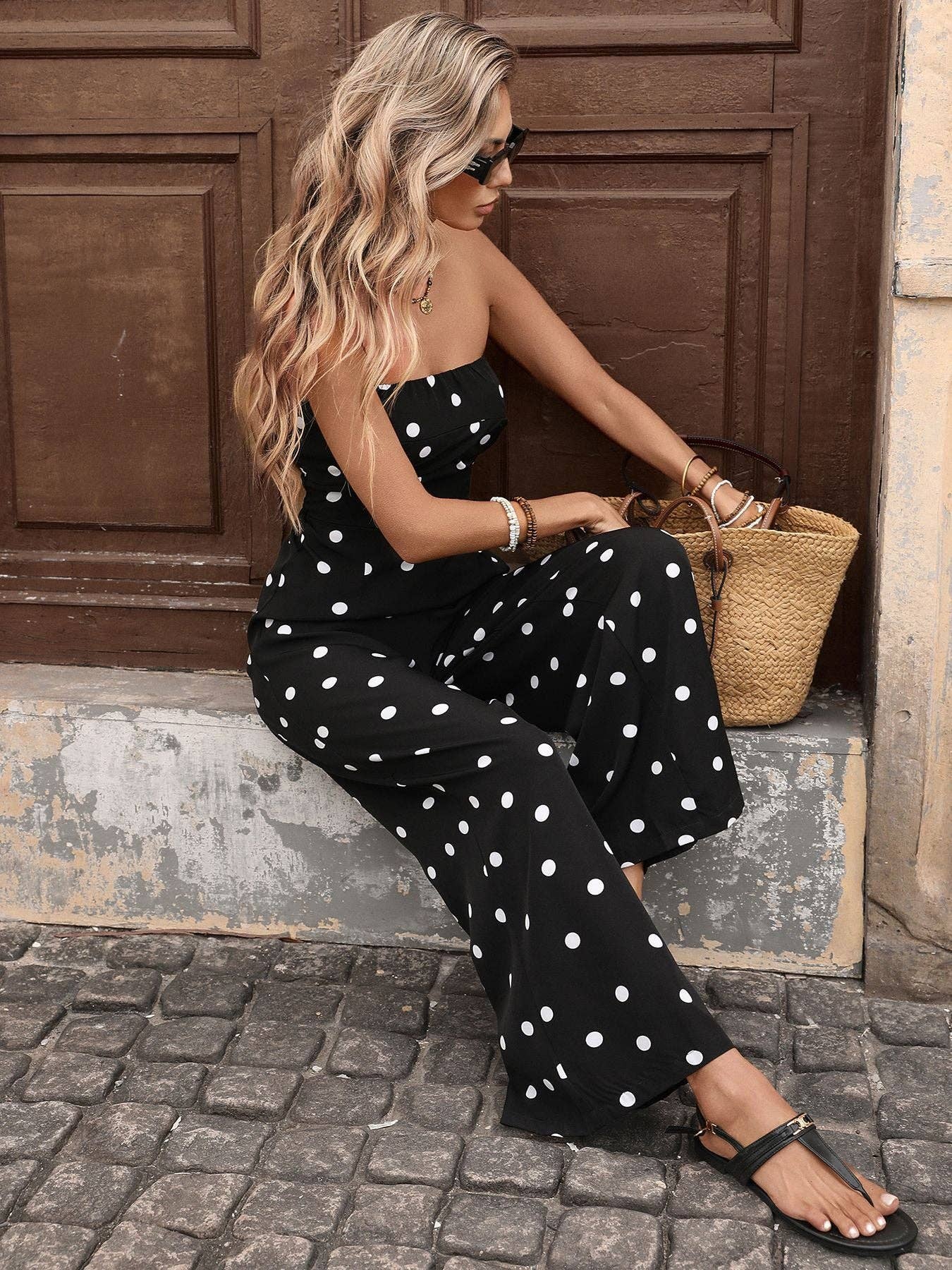 Polka Dot Strapless Wide Leg Jumpsuit Summer Outfit