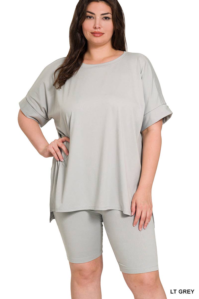 `Plus Microfiber Top & Biker Shorts 2pc Set - Zenana